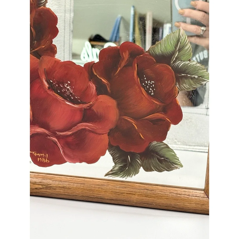 VTG  Hand Painted, Red Rose Wood‎ Framed Mirror Picture  Flaw Read 13